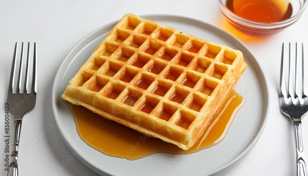 Single waffle with maple syrup on white background, top view from above Single waffle with maple syrup on white background, top view from above