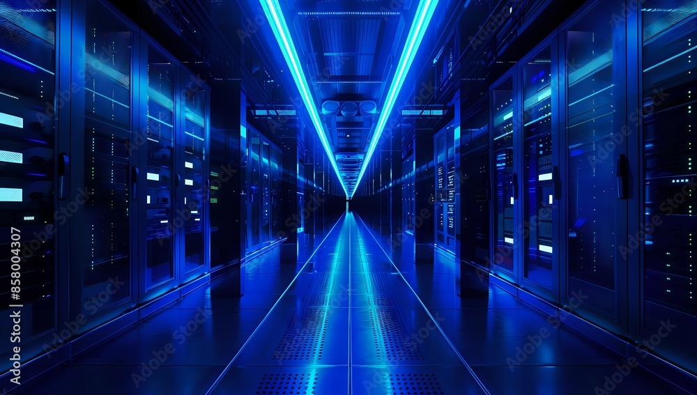 Blue-lit hallway with server racks, cables, bright light Blue-lit hallway with server racks, cables, bright light