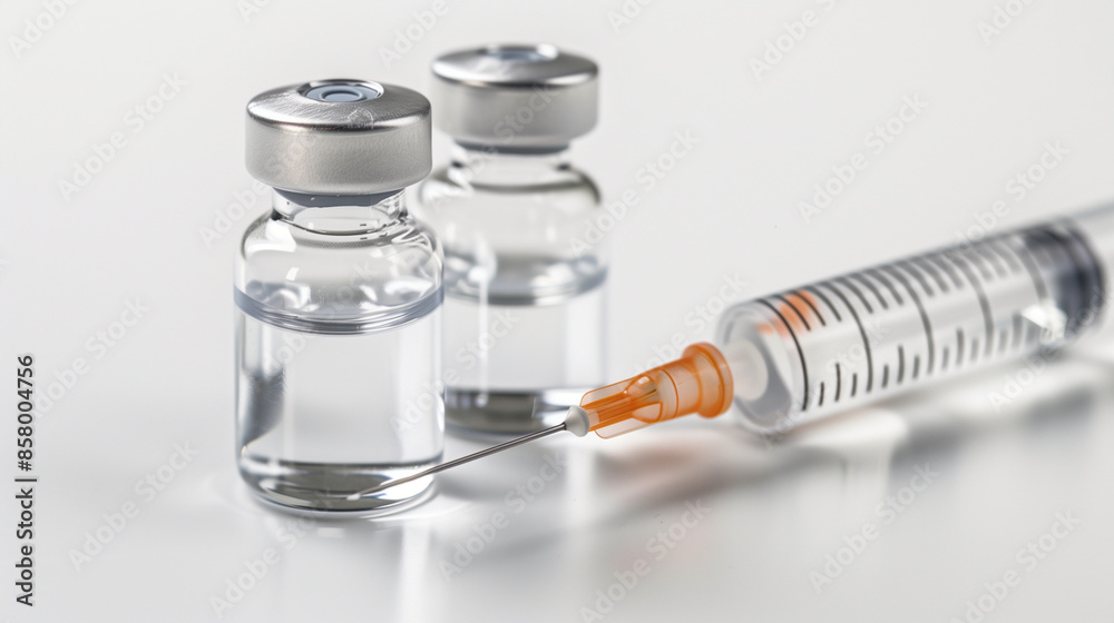 Two empty vials lying on a white background, shot at a 30-degree angle, with an empty insulin syringe lying next to them Two empty vials lying on a white background, shot at a 30-degree angle, with an empty insulin syringe lying next to them