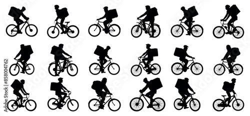 Collection of silhouettes of delivery people riding bicycles. Delivery people with packages on bicycles