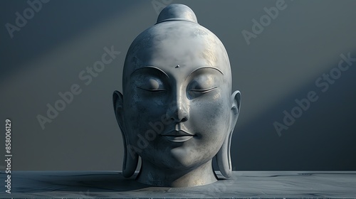 This is a 3D rendering of a buddha head. The buddha is depicted with his eyes closed and a serene smile on his face.