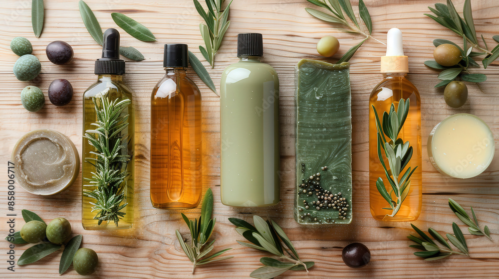 Olive oil based skin care set including lotion, cream, serum, bottles for cosmetics, flat lay Olive oil based skin care set including lotion, cream, serum, bottles for cosmetics, flat lay