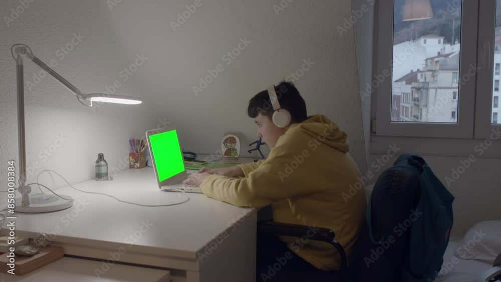 Adolescente mirando el ordenador con cascos