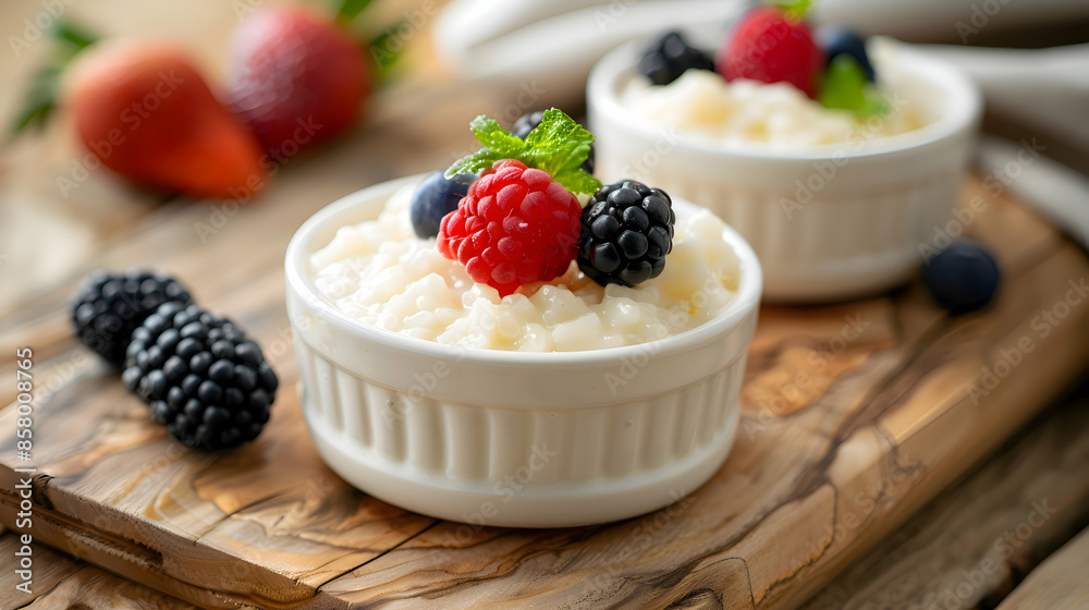 Fast food vegan rice pudding served with a side of fresh fruit, presented on a rustic wooden board Fast food vegan rice pudding served with a side of fresh fruit, presented on a rustic wooden board