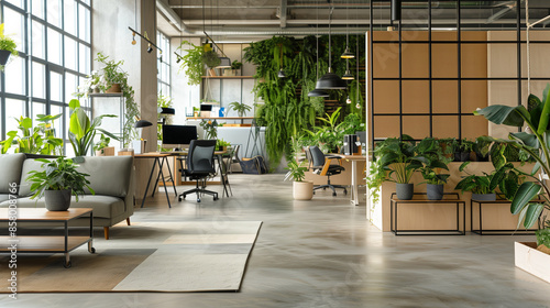 Green office spaces with plenty of plants and eco-friendly furniture, promoting a healthy work environment, green office, eco-friendly furniture, plants, sustainable workspace, hea photo