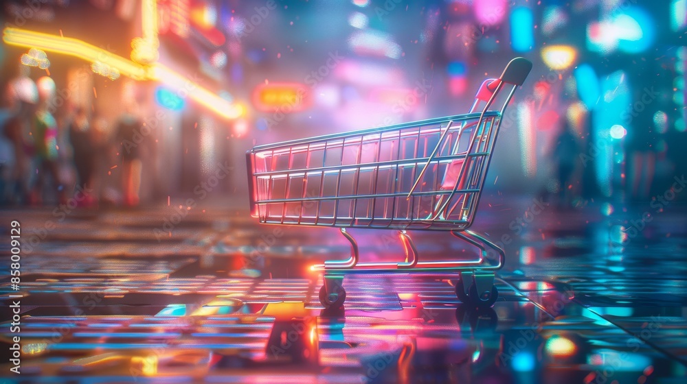 Futuristic neon shopping cart stands out amidst glowing city lights Futuristic neon shopping cart stands out amidst glowing city lights