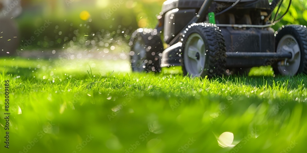 Mowing the Green Grass in the Backyard. Concept Lawn Care, Backyard Maintenance, Grass Cutting, Outdoor Chores Mowing the Green Grass in the Backyard. Concept Lawn Care, Backyard Maintenance, Grass Cutting, Outdoor Chores