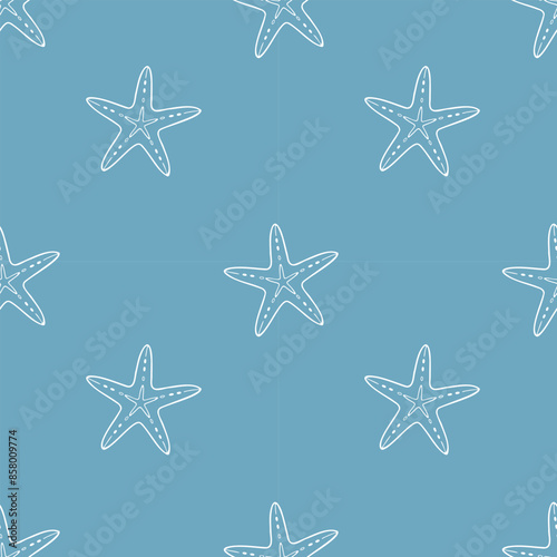 Sea blue pattern with white starfish in doodle style, ocean, bottom with sea inhabitants, underwater world. Vector illustration