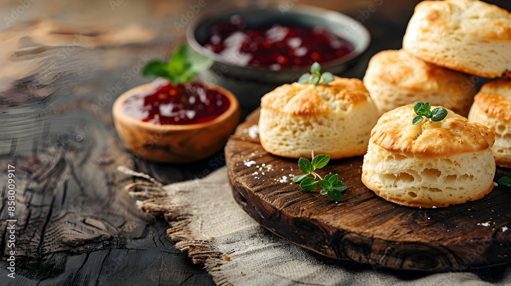 Fast food vegan scones served with a side of jam, presented on a rustic wooden board
