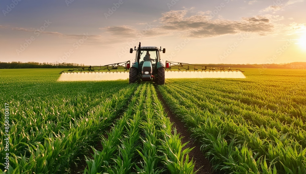 Obraz premium Tractor spraying crops in spring, wide angle view of lush green field