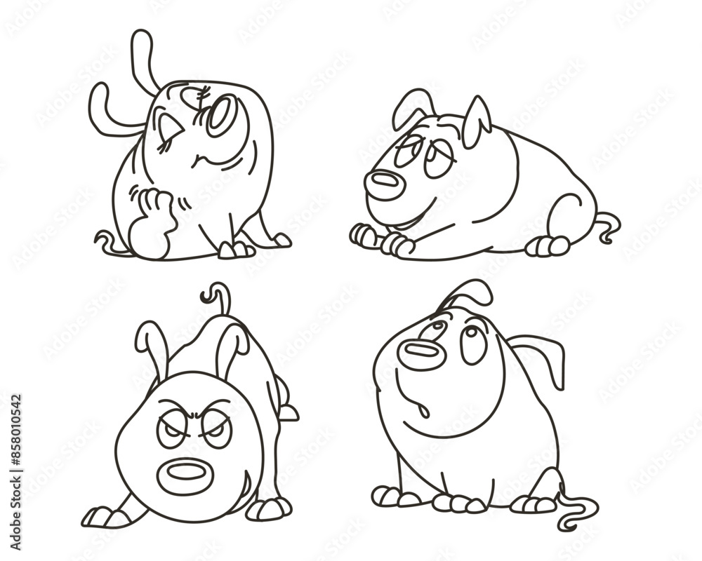 Fototapeta premium Set of drawn contour funny comical dogs. Design for coloring, sketch, vector