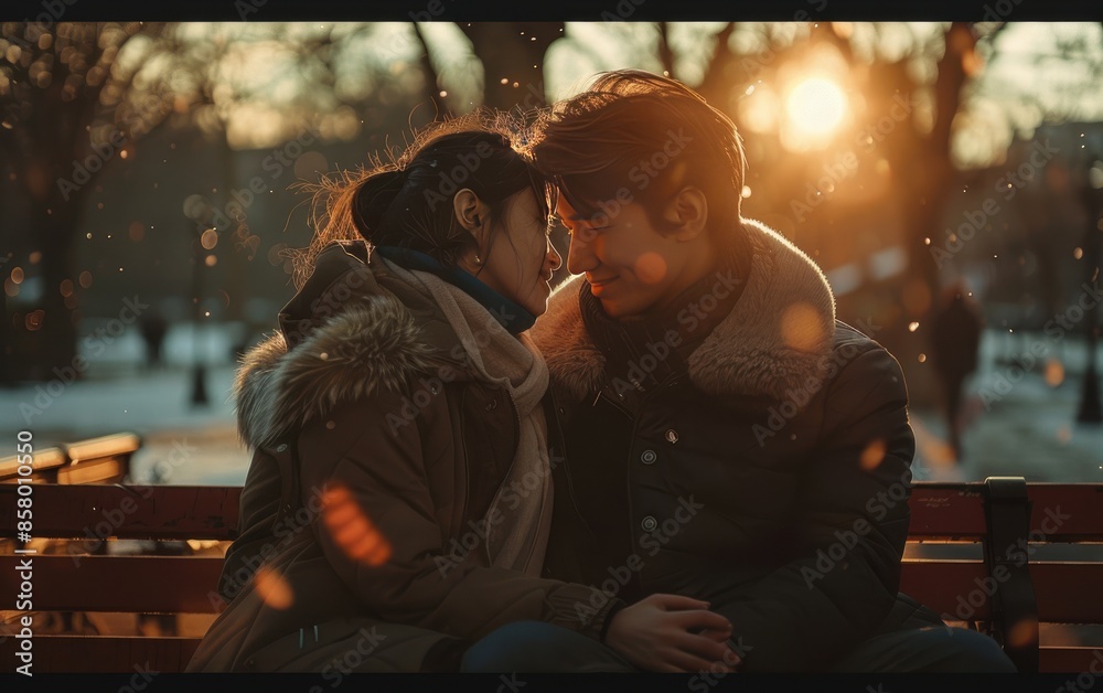 Couple Sharing Intimate Moment on Bench During Snowy Sunset