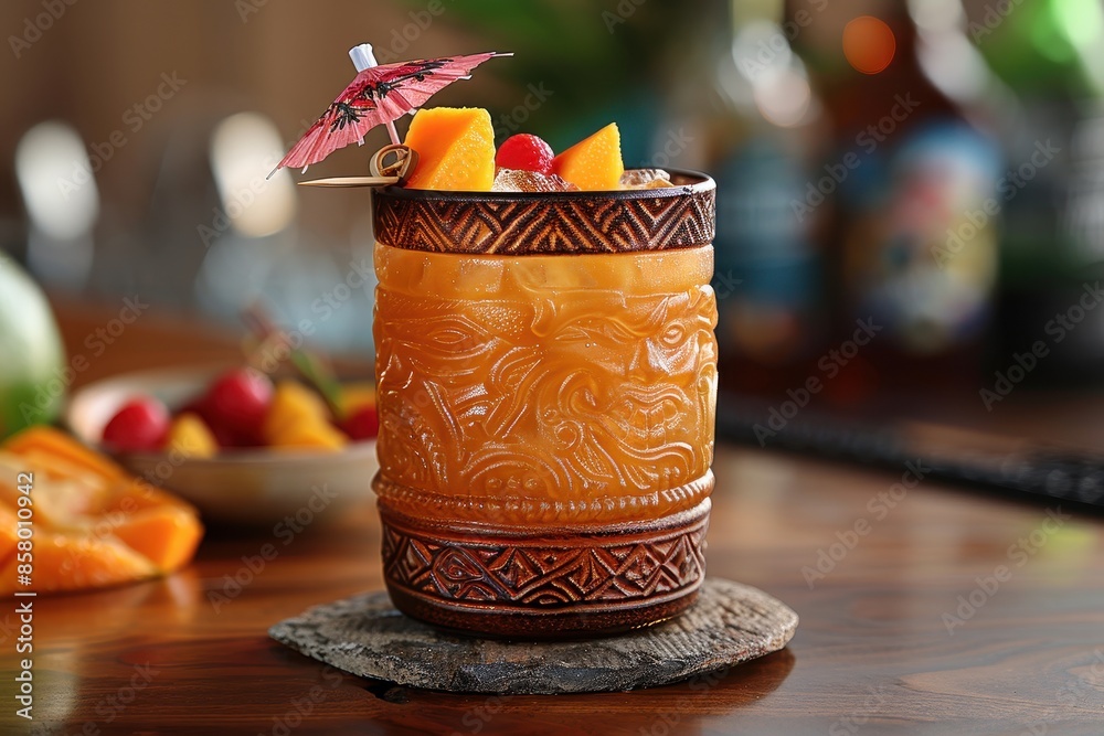 Fototapeta premium A mai tai cocktail served in a tiki glass, adorned with a paper umbrella and tropical fruit skewers.