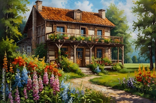 Oil painting on canvas summer landscape with wooden old house, beautiful flowers and trees.