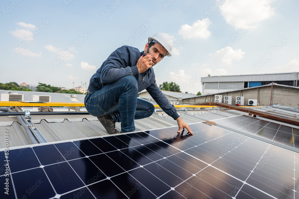 Service Engineer use tablet working inspection installation solar cell on the roof. Technician maintenance solar cells on roof factory. Technology solar energy renewable. Service Engineer use tablet working inspection installation solar cell on the roof. Technician maintenance solar cells on roof factory. Technology solar energy renewable.