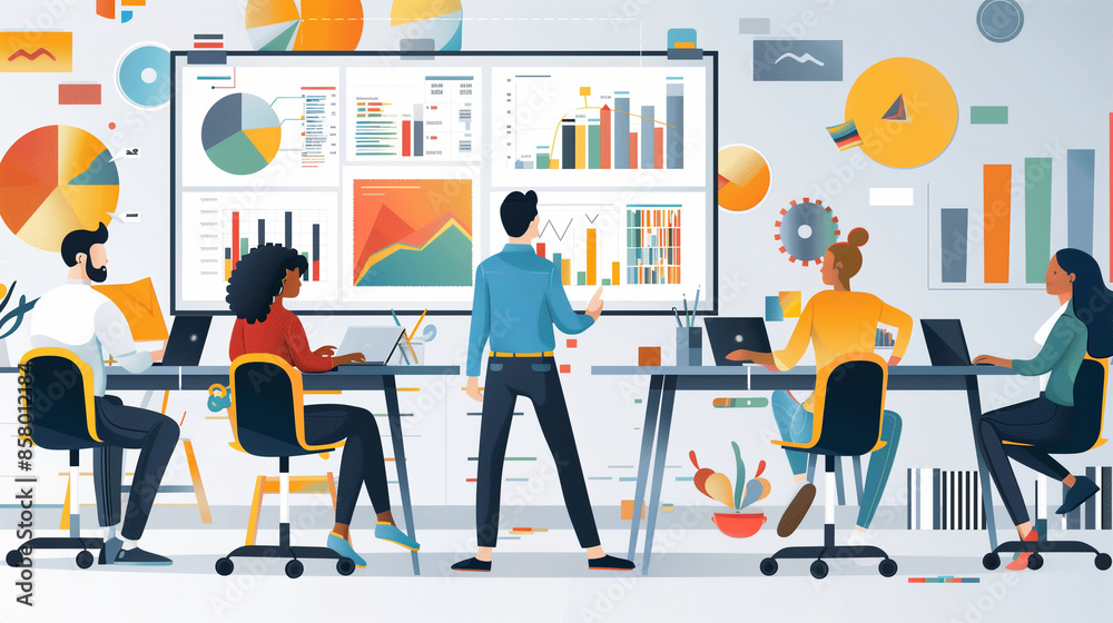 Fototapeta premium Teams working on project boards, charts, and data presentations in a collaborative office environment, project boards, data presentation, teamwork, collaboration, business analysis