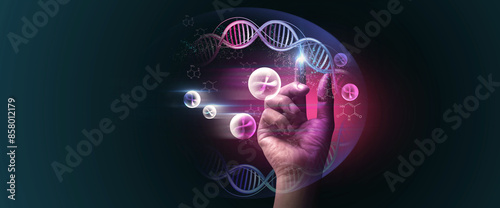 DNA helix concept of new ideas with Digital Virtual analysis chromosome DNA test of human in situations disease COVID-19 virus on hands in 3D illustration. Of free space for texts and creativity.