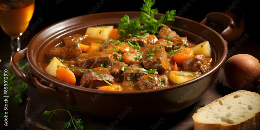 Velvety French Veal Stew with Tender Meat. Concept French Cuisine, Veal Stew, Cooking with Meat, Velvety Texture, Tender Meat Velvety French Veal Stew with Tender Meat. Concept French Cuisine, Veal Stew, Cooking with Meat, Velvety Texture, Tender Meat
