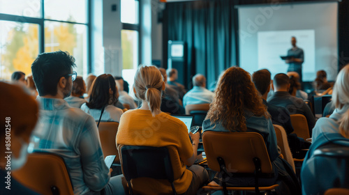 Leaders hosting a town hall meeting with employees, sharing company updates and future plans, town hall meeting, company updates, leadership communication, employee engagement, bus