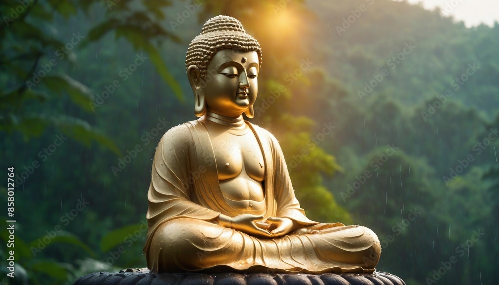 Buddha statue sitting in meditation with rain and forest in the background
Buddha statue sitting in meditation with rain and forest in the background