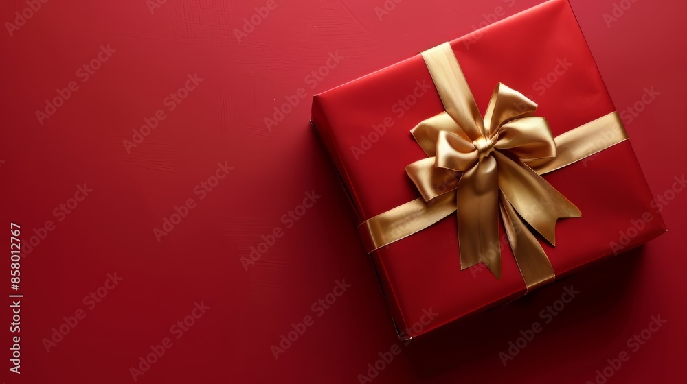 Red gift box with gold ribbon , clean red background Red gift box with gold ribbon , clean red background