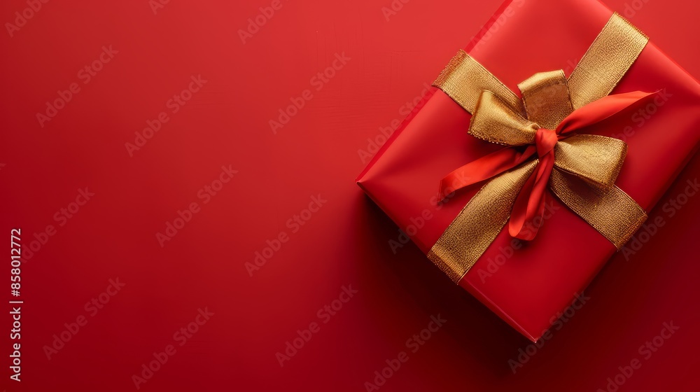 Red gift box with gold ribbon , clean red background Red gift box with gold ribbon , clean red background
