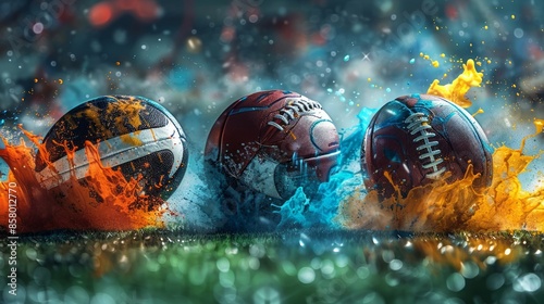 Dynamic Sports Balls Amidst Vibrant Paint Splash in Action-Packed Setting photo