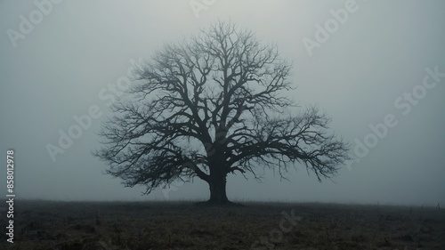 Solitary tree stands tall in field shrouded in mist on cloudy day. Its branches reach towards sky, but fog obscures horizon photo