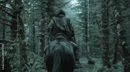 A lone figure rides through a dark and misty forest. The rider is dressed in a black cloak and hood, and the horse is black as night. © Pixel