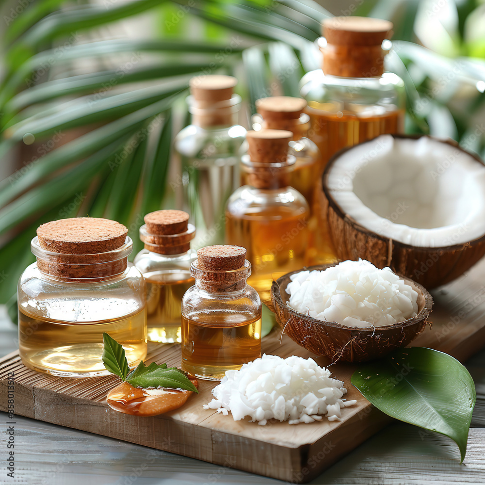 Coconut oil surrounded by whole halved coconuts along tropical leaves, concept handmade, copy space Coconut oil surrounded by whole halved coconuts along tropical leaves, concept handmade, copy space