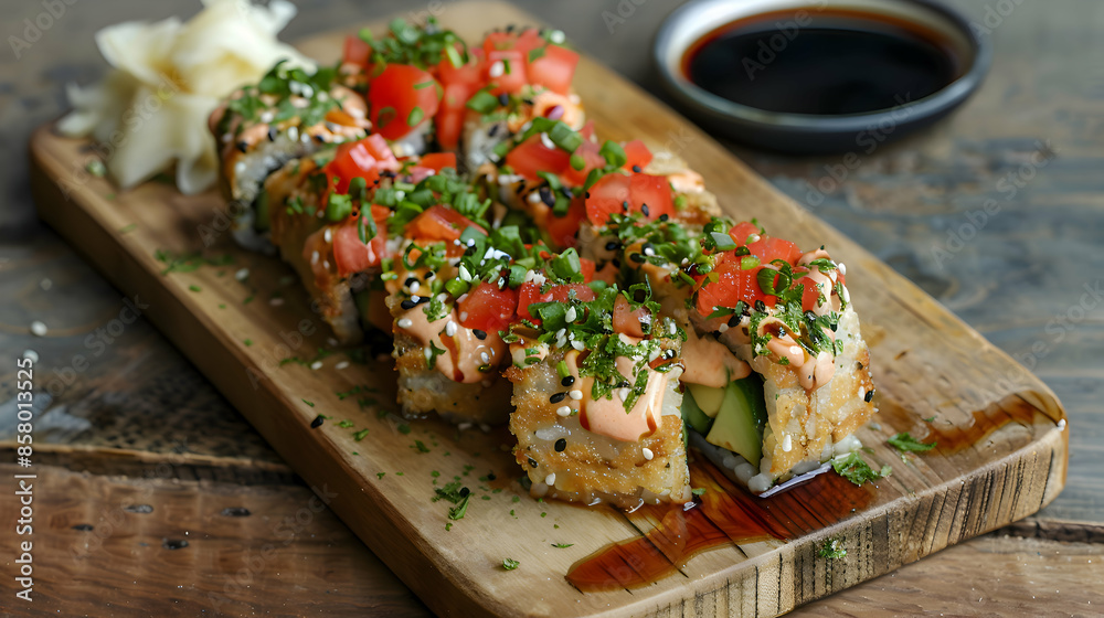 Fast food vegan sushi served with a side of soy sauce and wasabi, presented on a rustic wooden board Fast food vegan sushi served with a side of soy sauce and wasabi, presented on a rustic wooden board