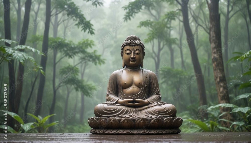 Buddha statue sitting in meditation with rain and forest in the background
Buddha statue sitting in meditation with rain and forest in the background