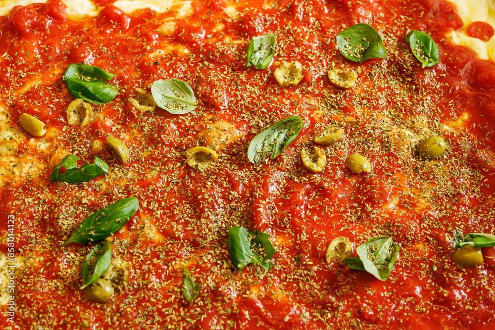 Preparing pizza with tomato sauce, mozzarella cheese, and basil leaves. Top View. Preparing pizza with tomato sauce, mozzarella cheese, and basil leaves. Top View.