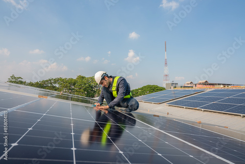 Wallpaper Mural Engineer service check installation solar cell on the roof of factory. Silhouette technician inspection and repair solar cell on the roof of factory. Technology solar energy renewable. Torontodigital.ca