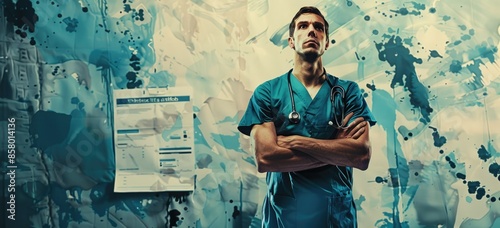 Confident male doctor in blue uniform standing with arms crossed in front of blue and white background.