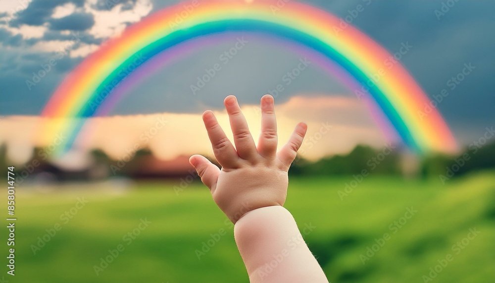Baby's Hand Reaching Towards a Rainbow in the Sky Baby's Hand Reaching Towards a Rainbow in the Sky