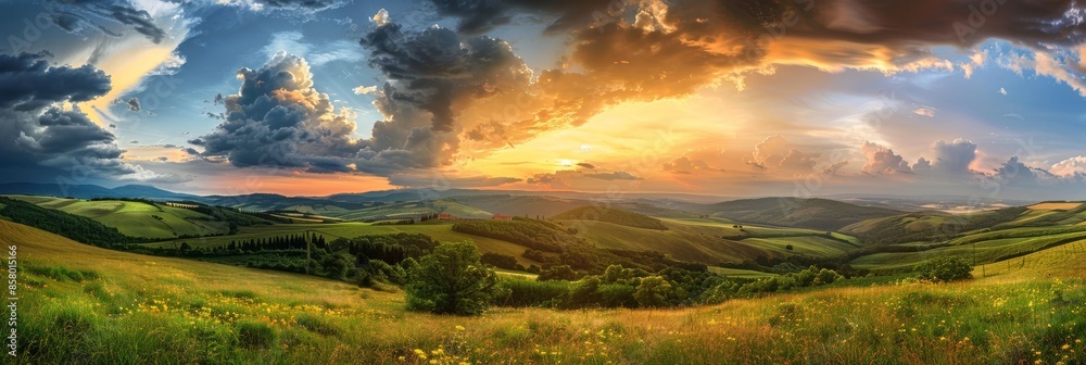 Fototapeta premium Sun Setting Over Rolling Green Hills