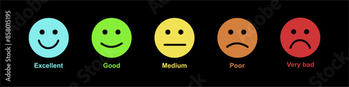  Emotion feedback vector concept. Rank, level of satisfaction rating. Excellent, good, normal, bad, very bad. Icon set illustration