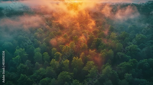 Aerial View Of Sunrise Over Misty Forest Landscape With Vibrant Colors