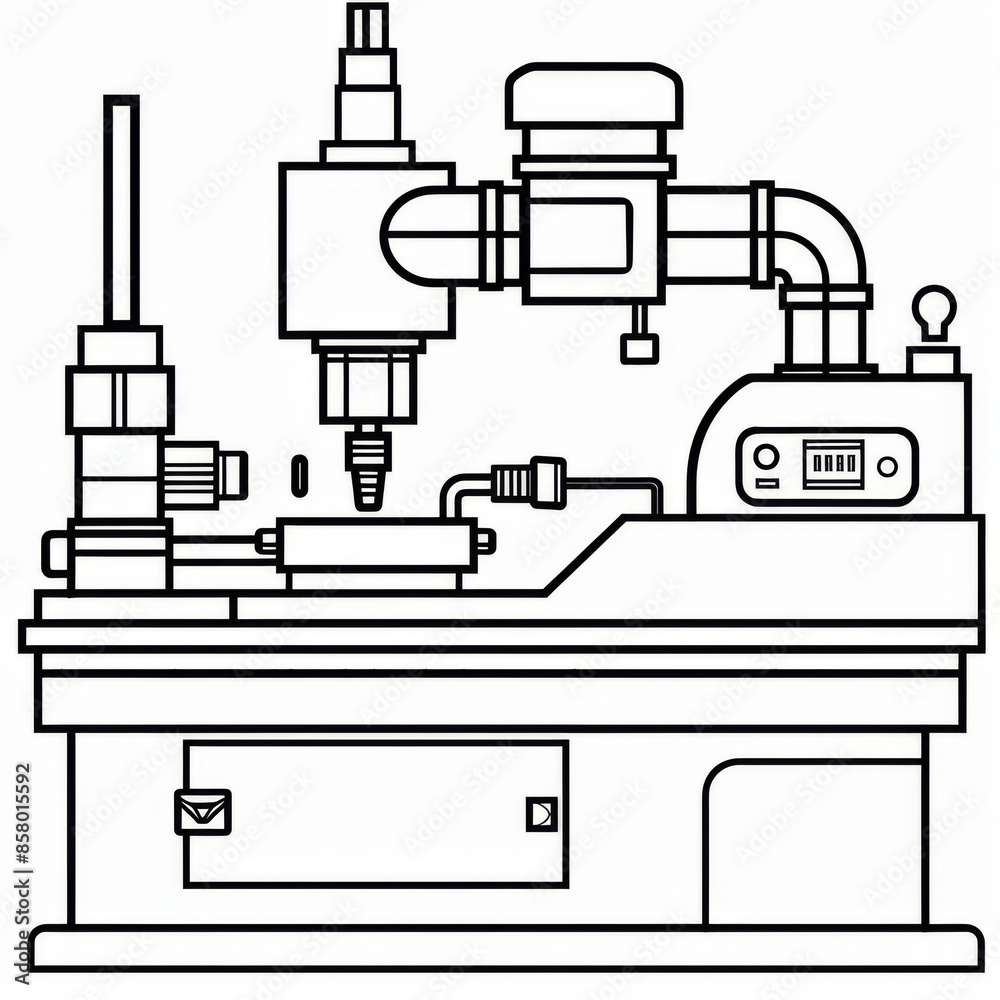 Black and white outline illustration of an industrial machine, suitable for technical manuals or educational materials. Black and white outline illustration of an industrial machine, suitable for technical manuals or educational materials.
