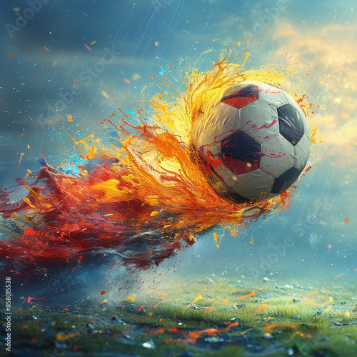 fifa foot ball flying with vibrant colors emanting from its offset. 