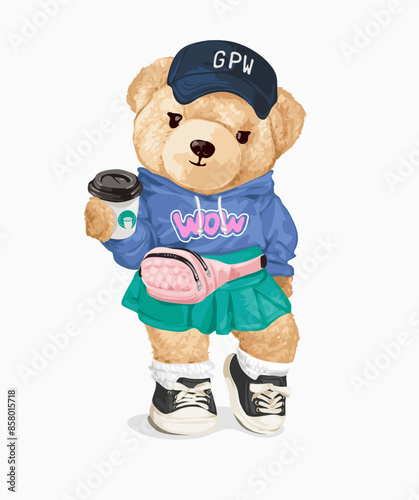 cute fashionable bear doll holding coffee cup hand drawn vector illustration