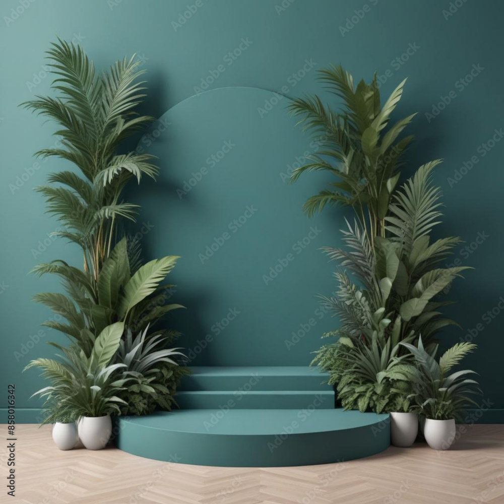 Fototapeta premium 3d rendering. Stone platform in tropical forest for product presentation and green wall.