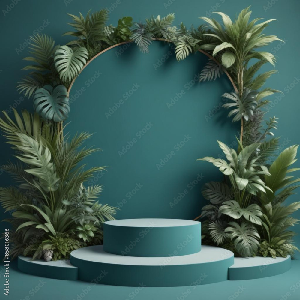 3d rendering. Stone platform in tropical forest for product presentation and green wall.