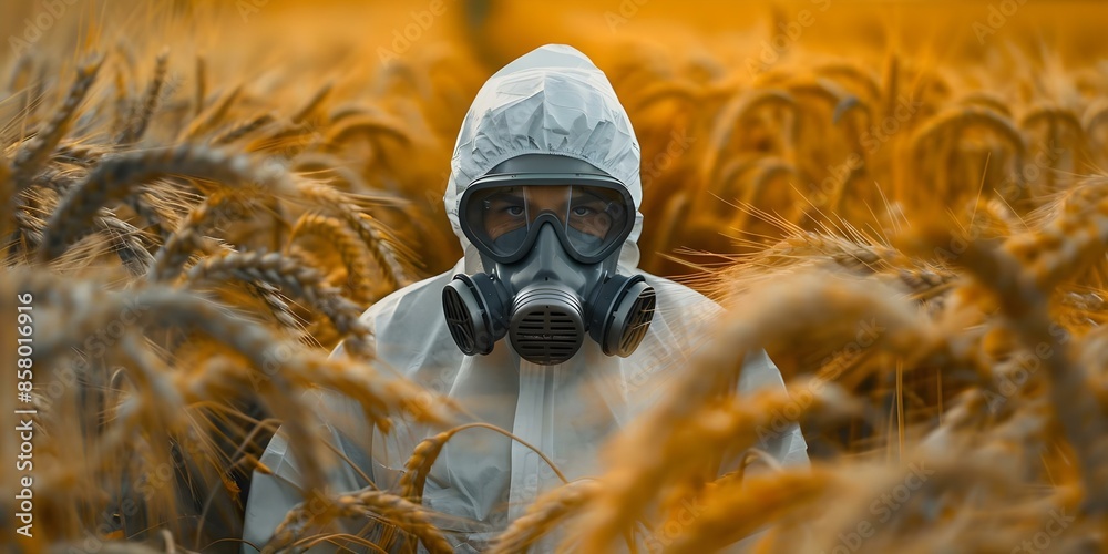 Person in protective hazmat suit and gas mask navigating through a toxic pesticide-infested wheat field. Concept Eco Disaster, Hazmat Suit, Pesticide Threat, Toxic Environment, Survival Challenge Person in protective hazmat suit and gas mask navigating through a toxic pesticide-infested wheat field. Concept Eco Disaster, Hazmat Suit, Pesticide Threat, Toxic Environment, Survival Challenge