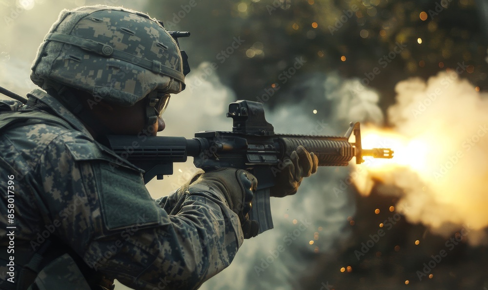 us army soldier shooting rifle with smoke and fire in photorealistic cinematic action shot with depth of field us army soldier shooting rifle with smoke and fire in photorealistic cinematic action shot with depth of field