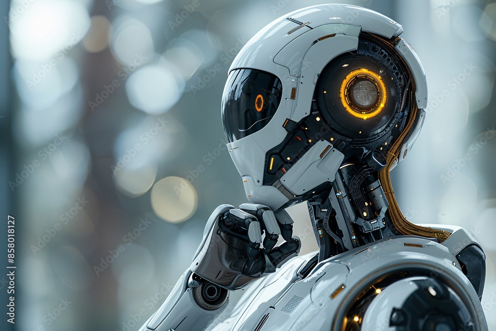 Thoughtful Futuristic Robot with White Helmet Thoughtful Futuristic Robot with White Helmet