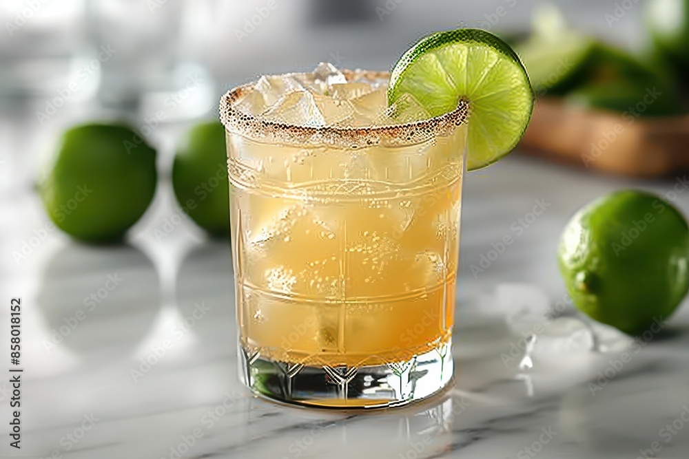 Fototapeta premium A margarita cocktail with a salted rim, served on the rocks with a wedge of lime. 