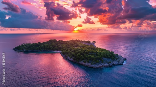 Enchanting Island Sunset Over Serene Ocean Waters Horizon Glow