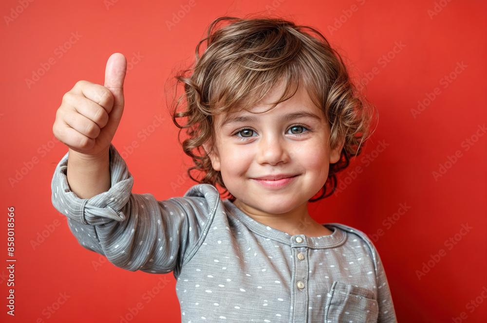 Charming Young Boy with Curly Hair Giving Thumbs Up on Red Background Charming Young Boy with Curly Hair Giving Thumbs Up on Red Background